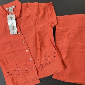 Joy & Peace Linen 2pc Set‎ Women's Size 8 Flower Ebroidery Peach NWT Vintage